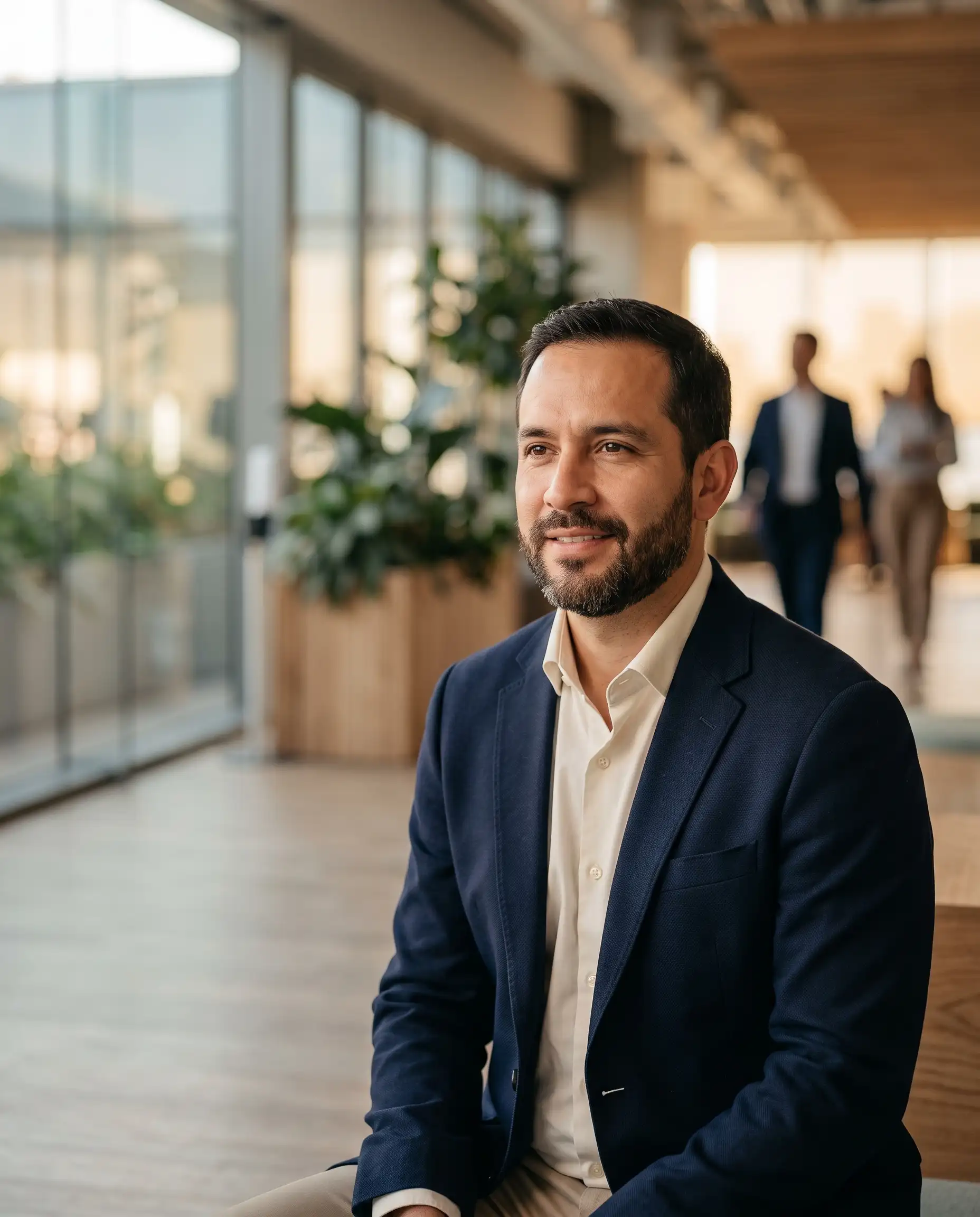 Empresario latinoamericano en oficina moderna, protegido y tranquilo con su asesoría patrimonial